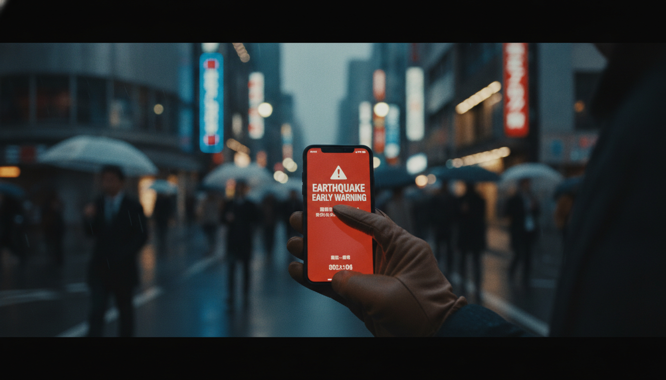 A traveller's phone showing an English earthquake early warning on a Tokyo street